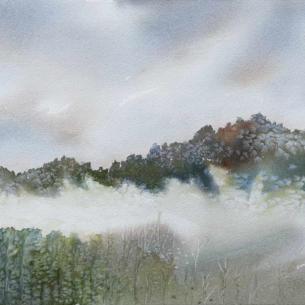 Nebel Nebel in den Wäldern am Berg, Aquarell