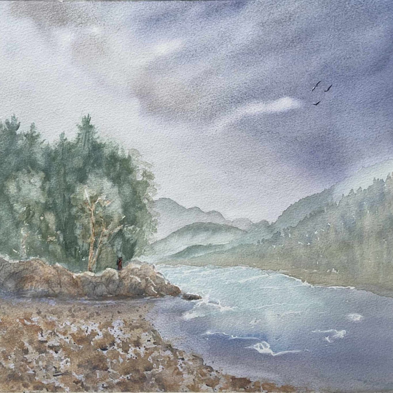 Wanderer am Lech Ein Wanderer am Lechfluss nach einem Gewitter, Aquarell